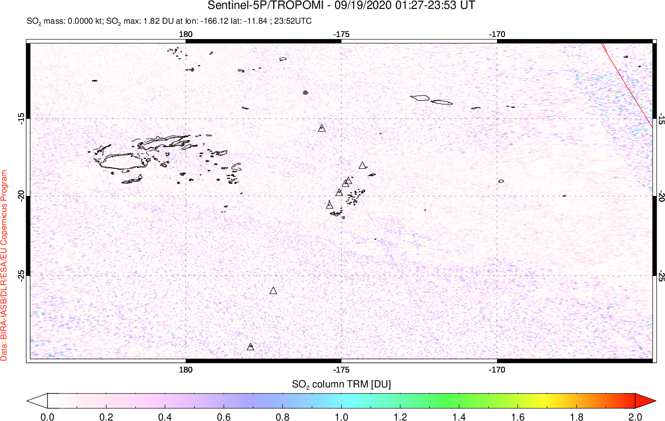 A sulfur dioxide image over Tonga, South Pacific on Sep 19, 2020.