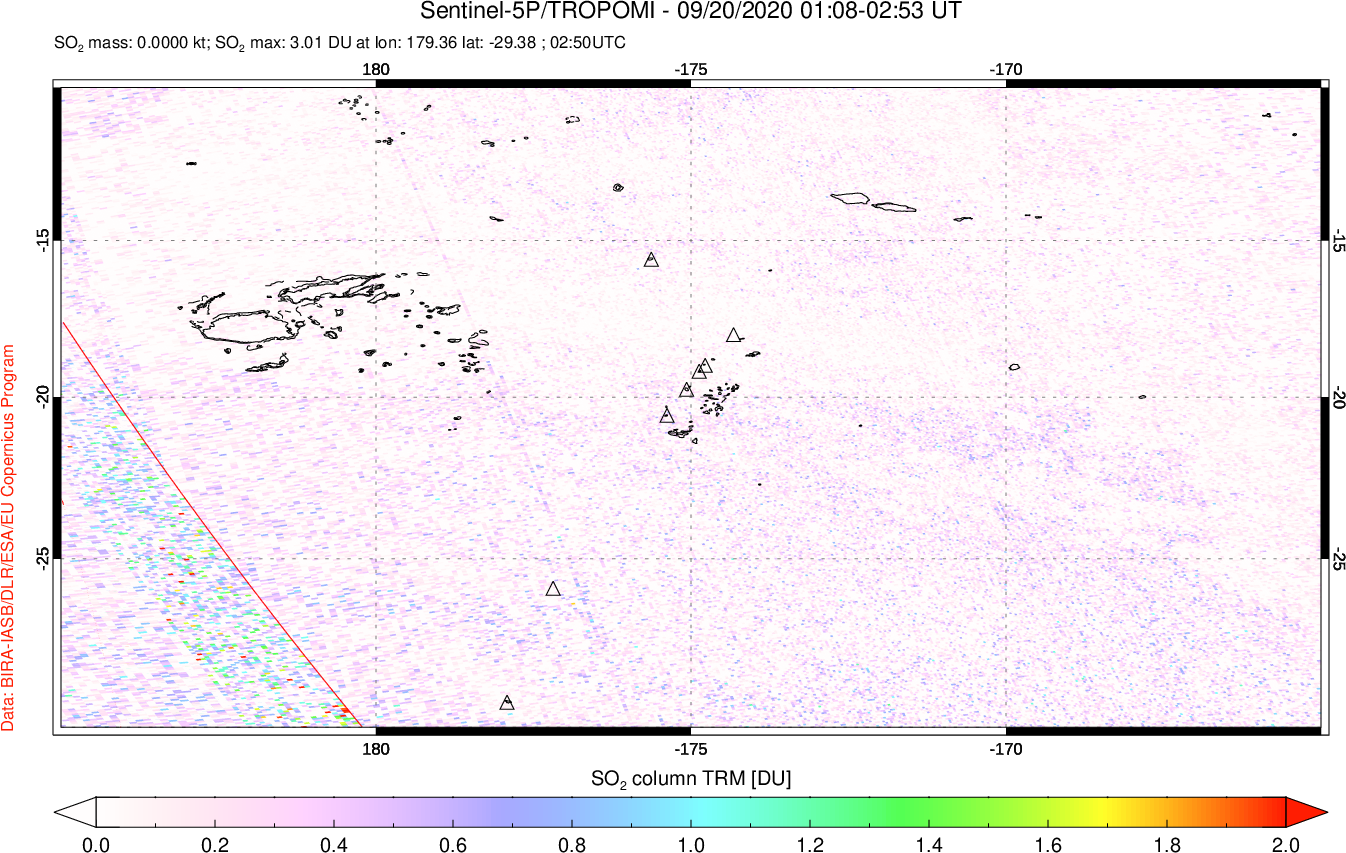 A sulfur dioxide image over Tonga, South Pacific on Sep 20, 2020.