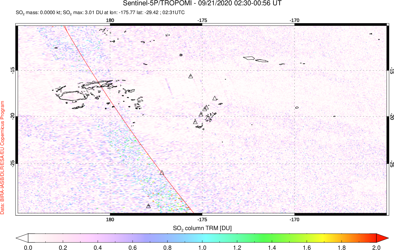 A sulfur dioxide image over Tonga, South Pacific on Sep 21, 2020.