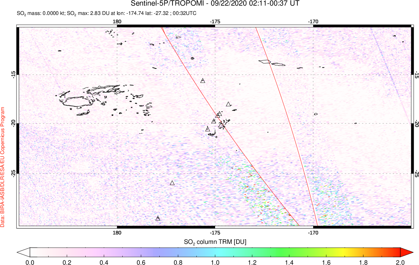 A sulfur dioxide image over Tonga, South Pacific on Sep 22, 2020.