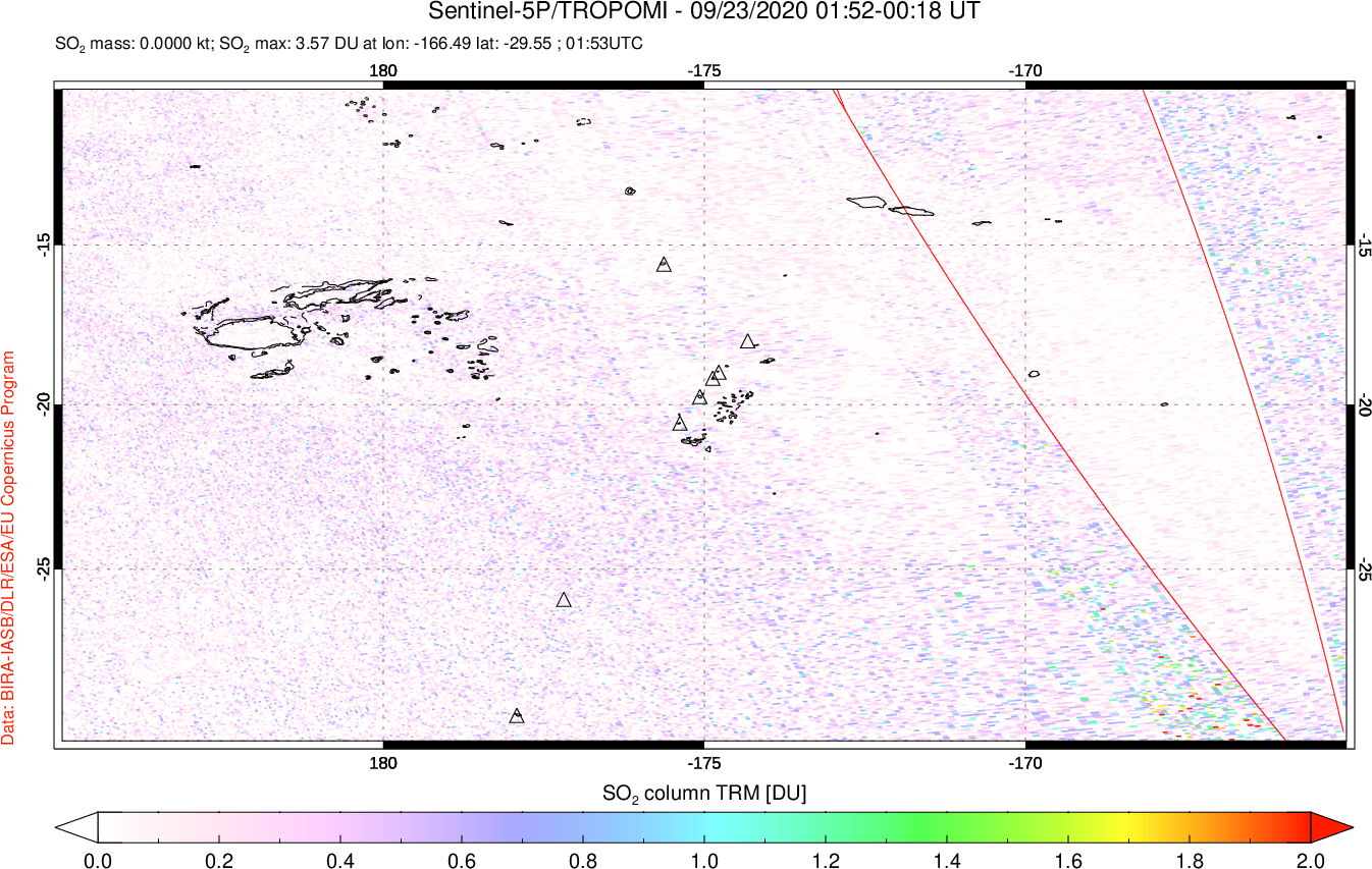 A sulfur dioxide image over Tonga, South Pacific on Sep 23, 2020.