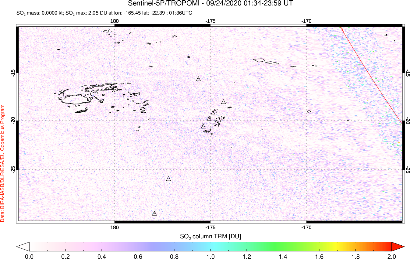 A sulfur dioxide image over Tonga, South Pacific on Sep 24, 2020.