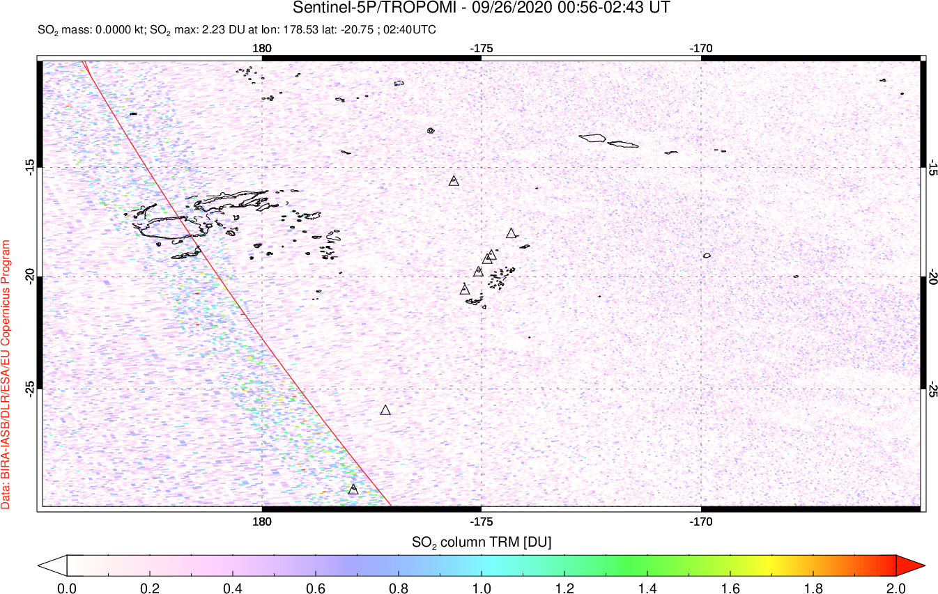 A sulfur dioxide image over Tonga, South Pacific on Sep 26, 2020.