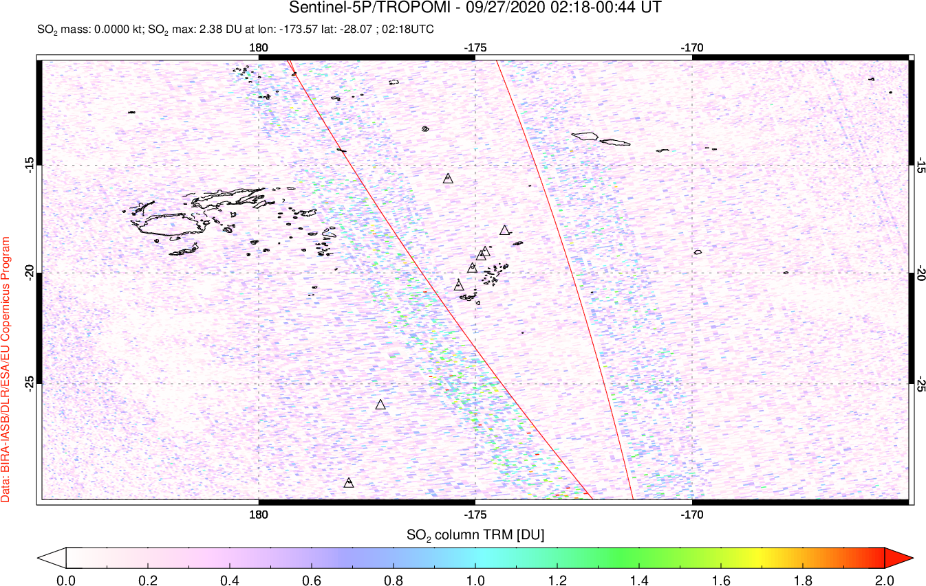 A sulfur dioxide image over Tonga, South Pacific on Sep 27, 2020.
