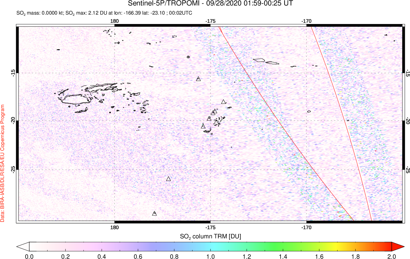 A sulfur dioxide image over Tonga, South Pacific on Sep 28, 2020.
