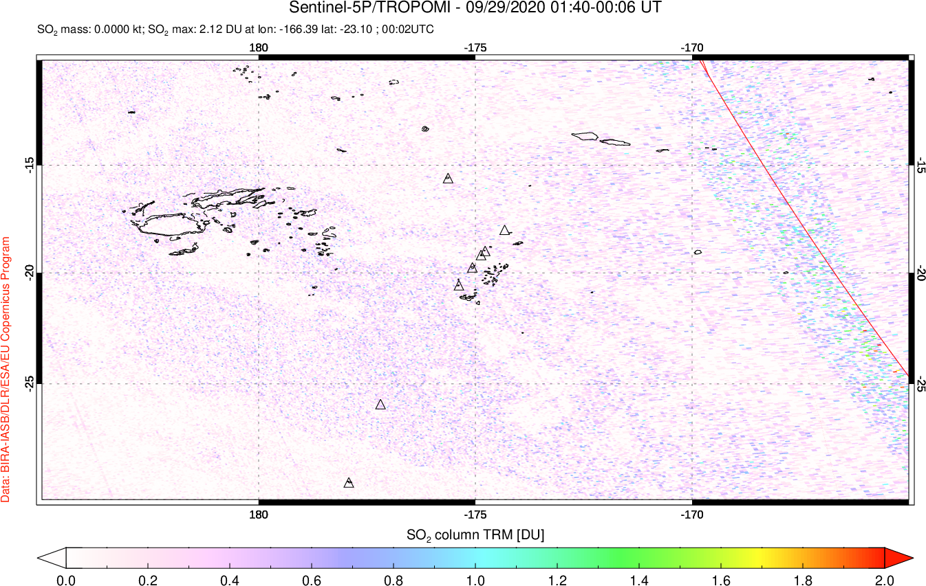 A sulfur dioxide image over Tonga, South Pacific on Sep 29, 2020.