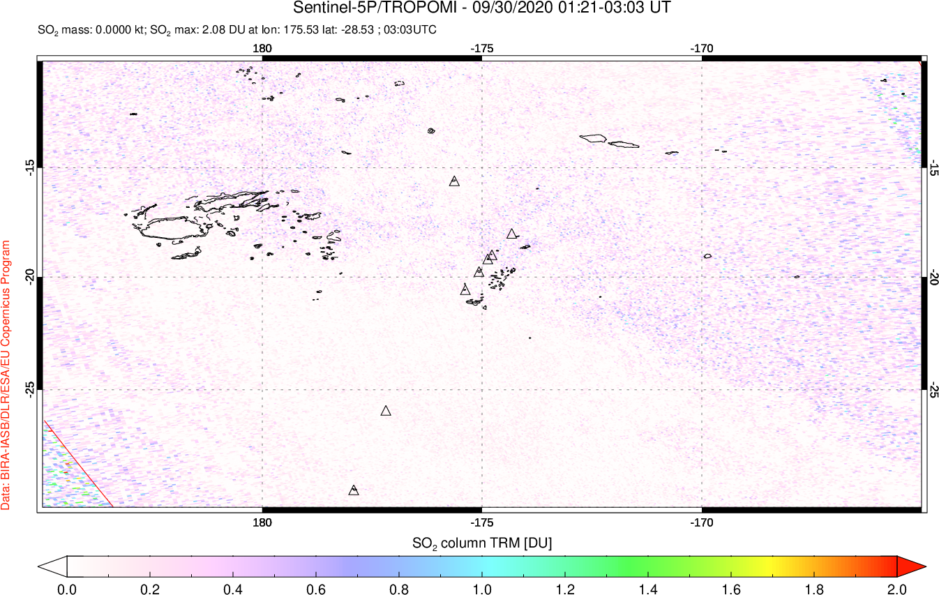 A sulfur dioxide image over Tonga, South Pacific on Sep 30, 2020.
