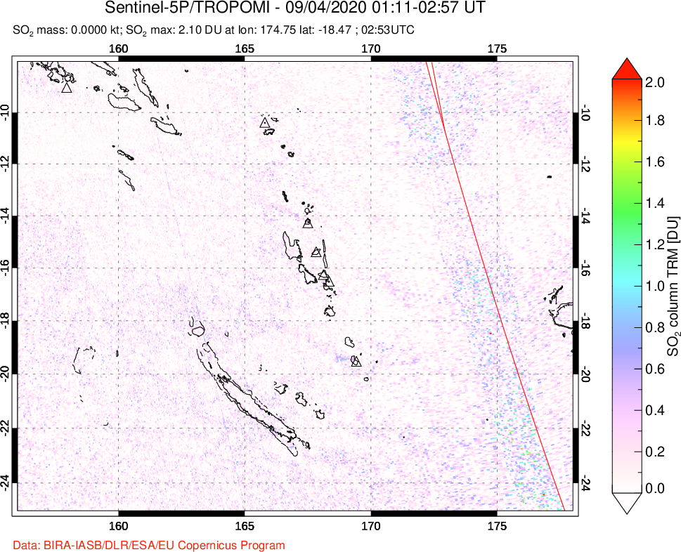A sulfur dioxide image over Vanuatu, South Pacific on Sep 04, 2020.