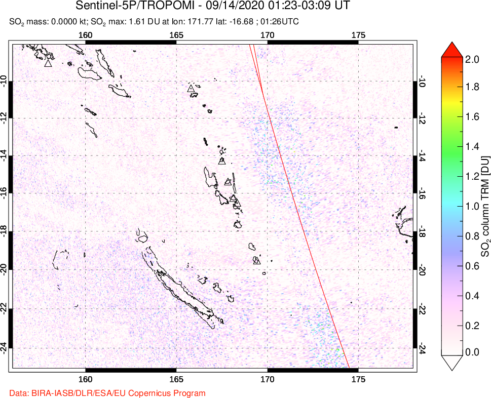 A sulfur dioxide image over Vanuatu, South Pacific on Sep 14, 2020.