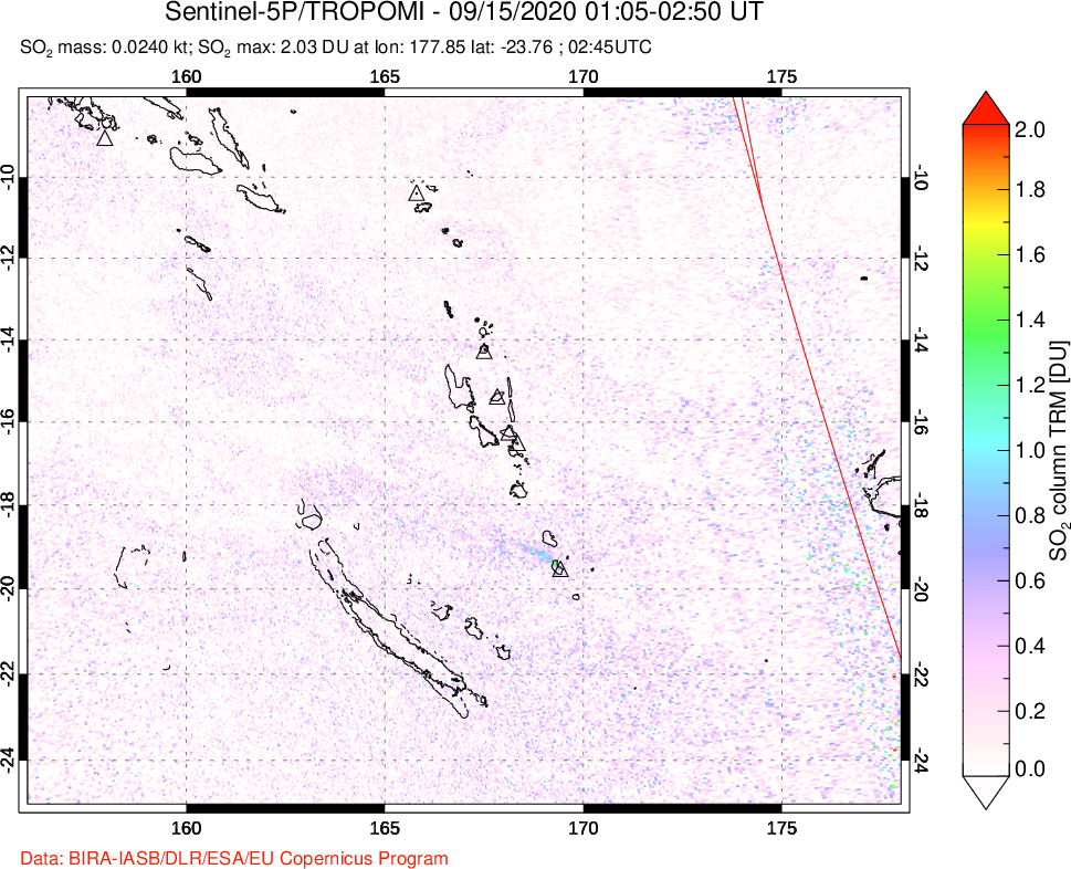 A sulfur dioxide image over Vanuatu, South Pacific on Sep 15, 2020.