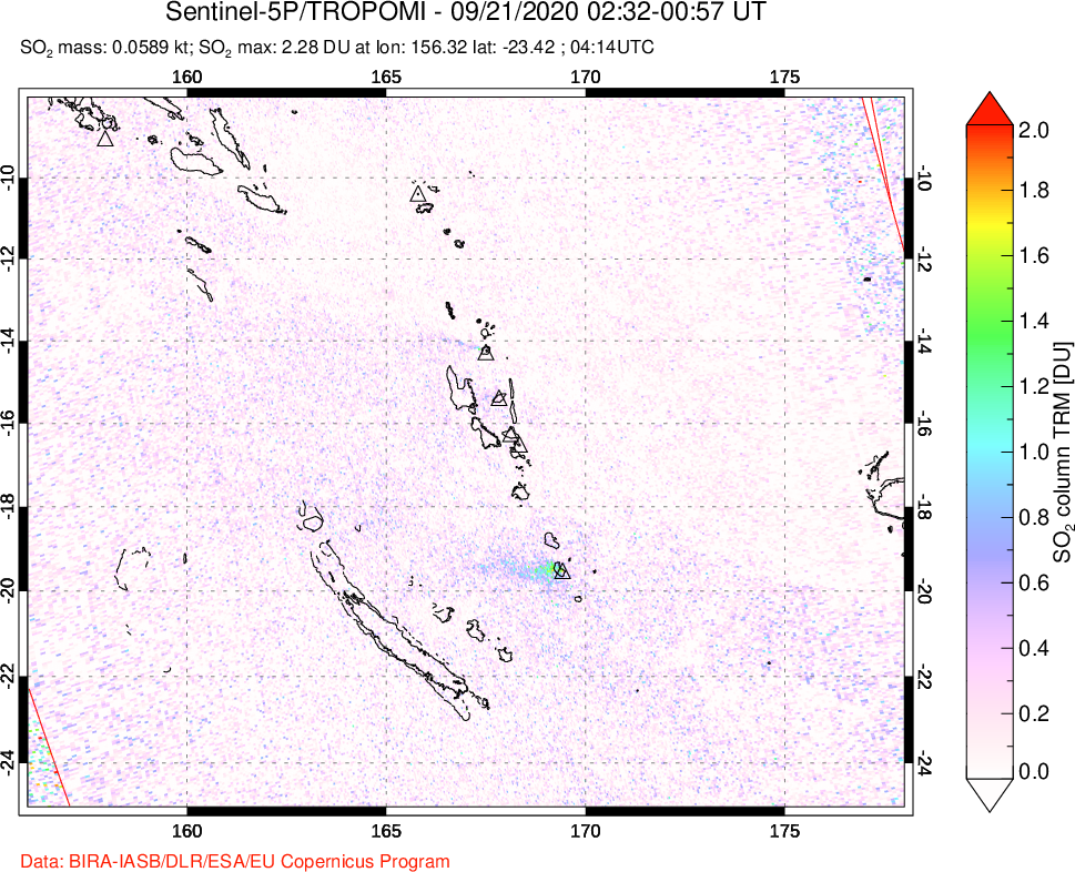 A sulfur dioxide image over Vanuatu, South Pacific on Sep 21, 2020.