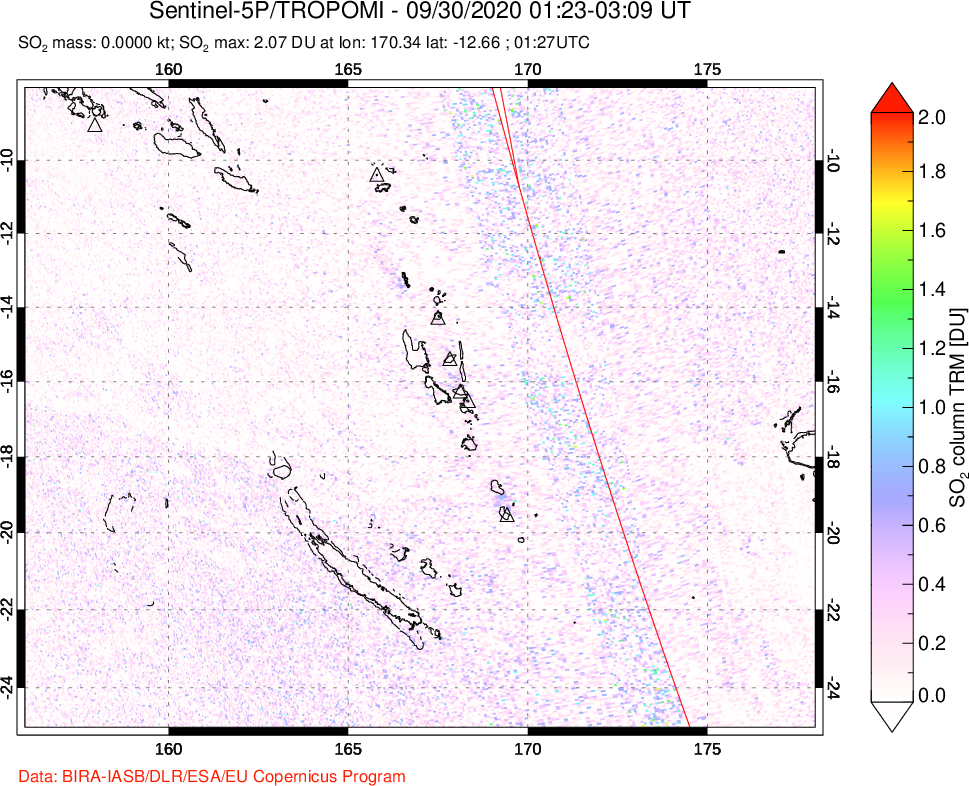 A sulfur dioxide image over Vanuatu, South Pacific on Sep 30, 2020.