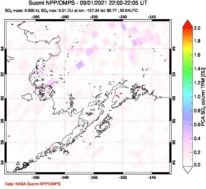 A sulfur dioxide image over Alaska, USA on Sep 01, 2021.