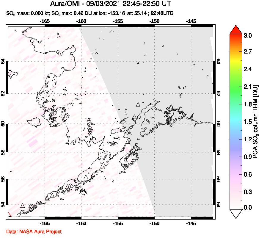 A sulfur dioxide image over Alaska, USA on Sep 03, 2021.