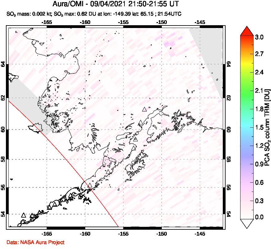A sulfur dioxide image over Alaska, USA on Sep 04, 2021.