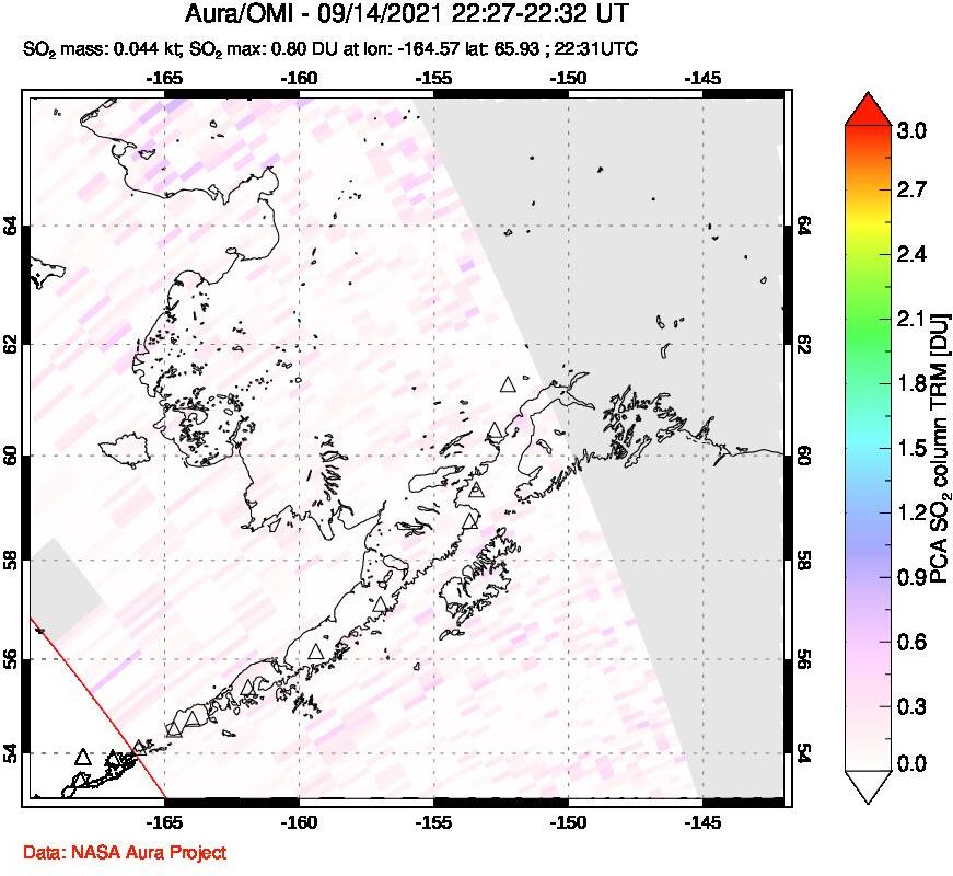 A sulfur dioxide image over Alaska, USA on Sep 14, 2021.