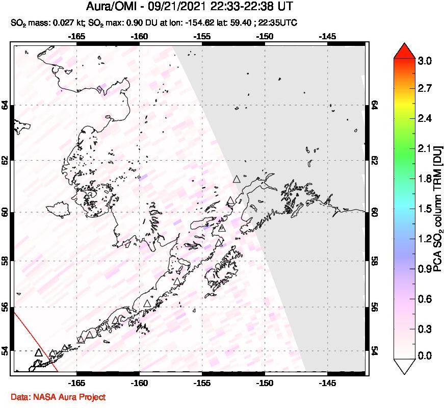 A sulfur dioxide image over Alaska, USA on Sep 21, 2021.