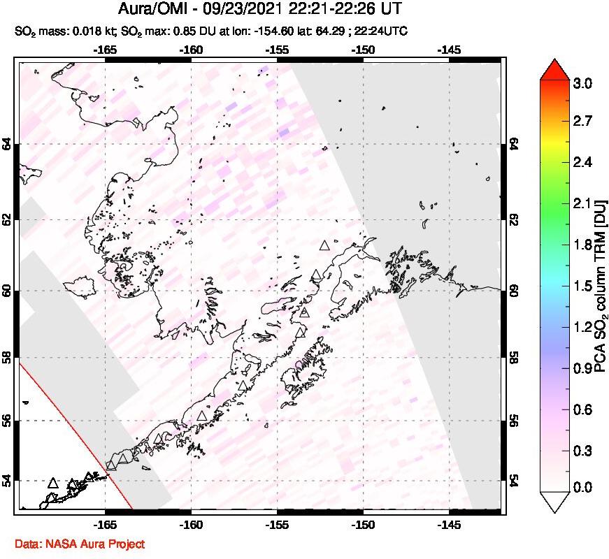 A sulfur dioxide image over Alaska, USA on Sep 23, 2021.