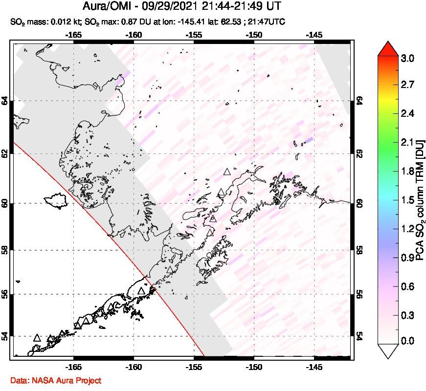 A sulfur dioxide image over Alaska, USA on Sep 29, 2021.