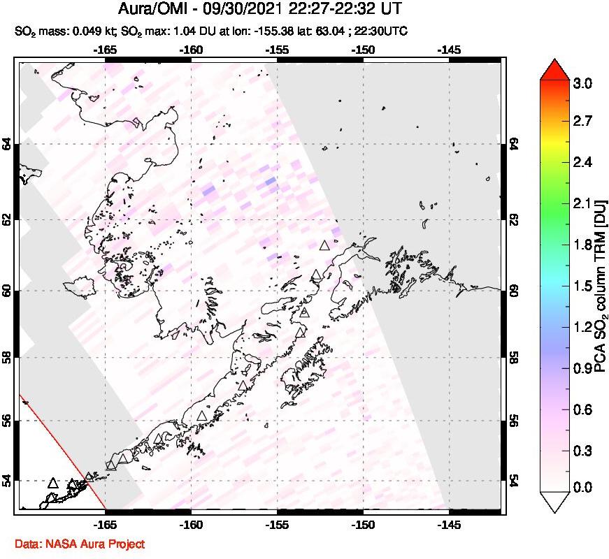 A sulfur dioxide image over Alaska, USA on Sep 30, 2021.
