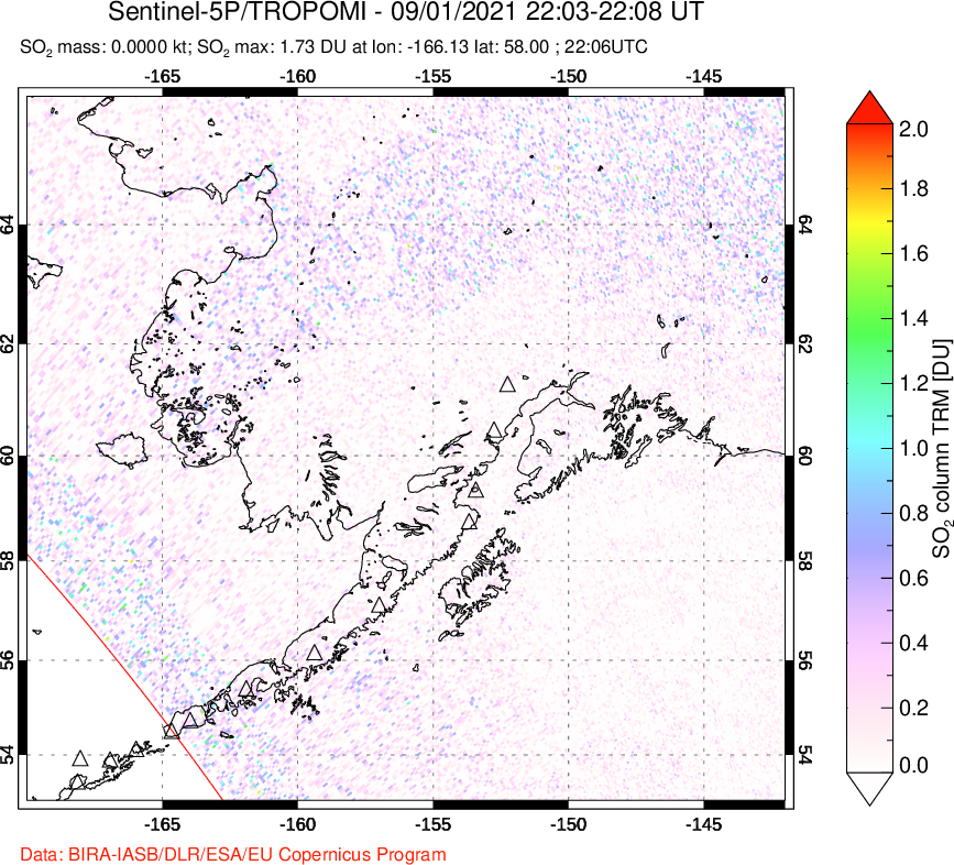 A sulfur dioxide image over Alaska, USA on Sep 01, 2021.