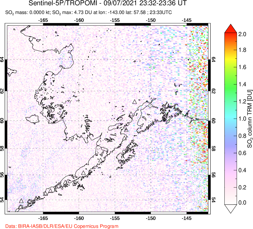 A sulfur dioxide image over Alaska, USA on Sep 07, 2021.