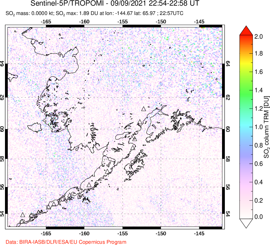 A sulfur dioxide image over Alaska, USA on Sep 09, 2021.