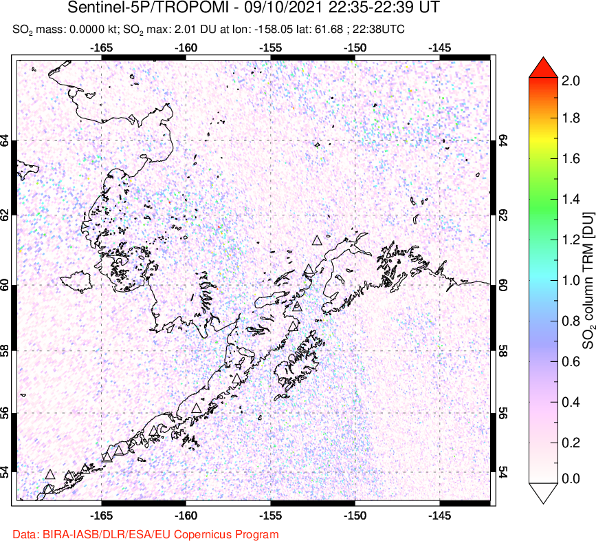 A sulfur dioxide image over Alaska, USA on Sep 10, 2021.