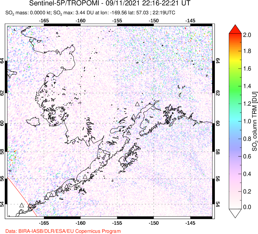A sulfur dioxide image over Alaska, USA on Sep 11, 2021.