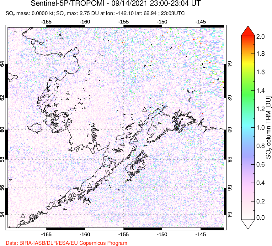 A sulfur dioxide image over Alaska, USA on Sep 14, 2021.