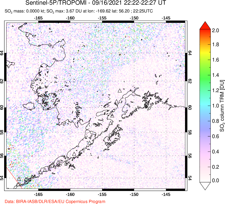 A sulfur dioxide image over Alaska, USA on Sep 16, 2021.