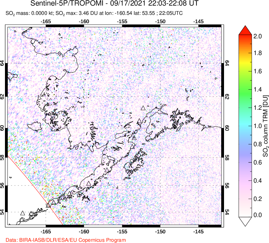 A sulfur dioxide image over Alaska, USA on Sep 17, 2021.