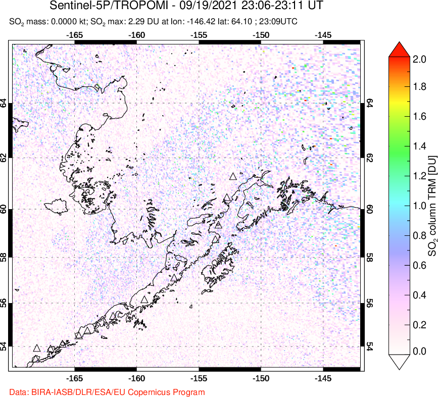 A sulfur dioxide image over Alaska, USA on Sep 19, 2021.