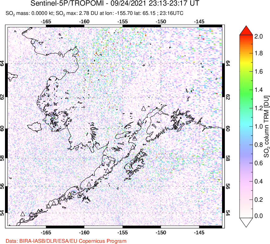 A sulfur dioxide image over Alaska, USA on Sep 24, 2021.