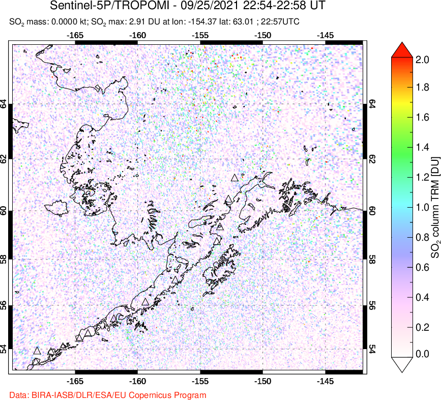 A sulfur dioxide image over Alaska, USA on Sep 25, 2021.