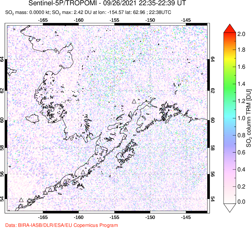 A sulfur dioxide image over Alaska, USA on Sep 26, 2021.