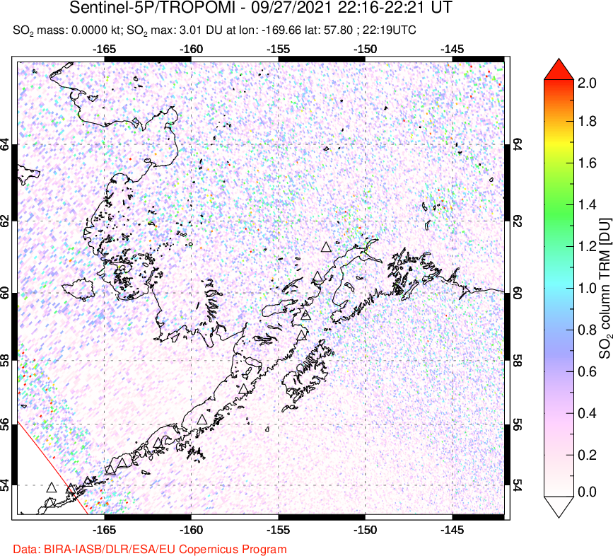 A sulfur dioxide image over Alaska, USA on Sep 27, 2021.