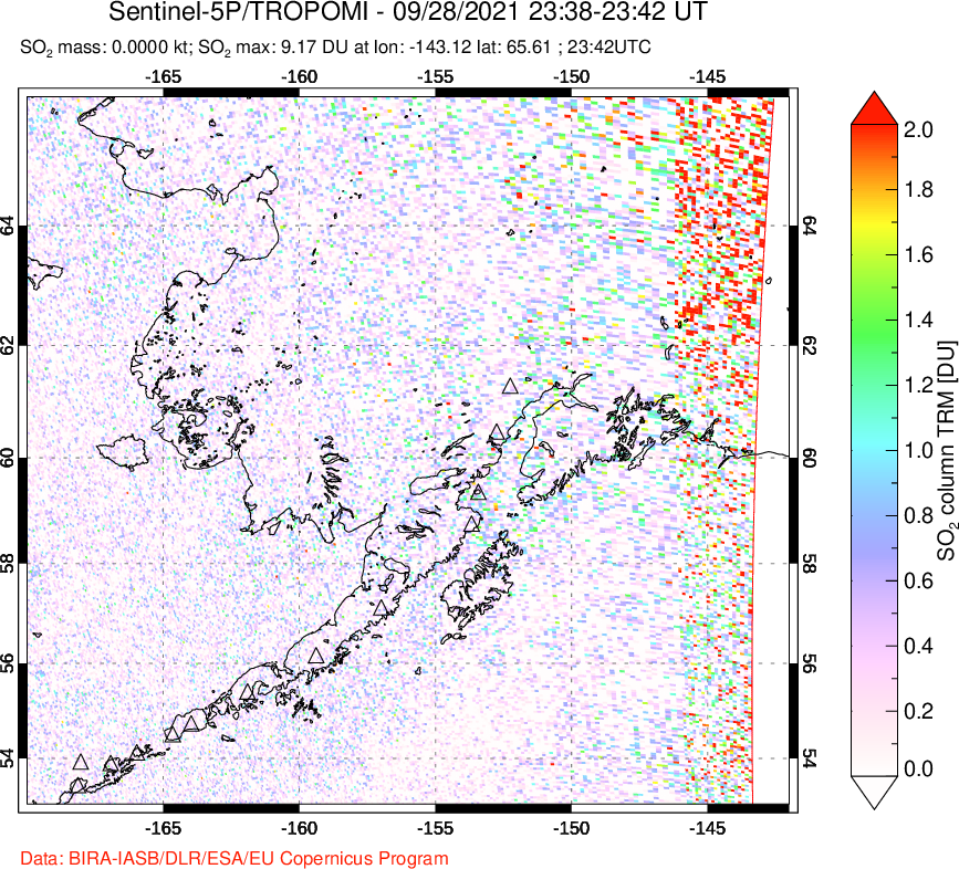 A sulfur dioxide image over Alaska, USA on Sep 28, 2021.
