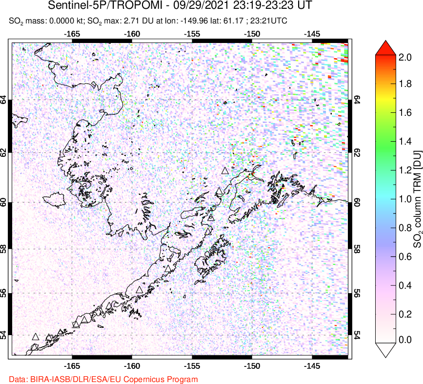 A sulfur dioxide image over Alaska, USA on Sep 29, 2021.