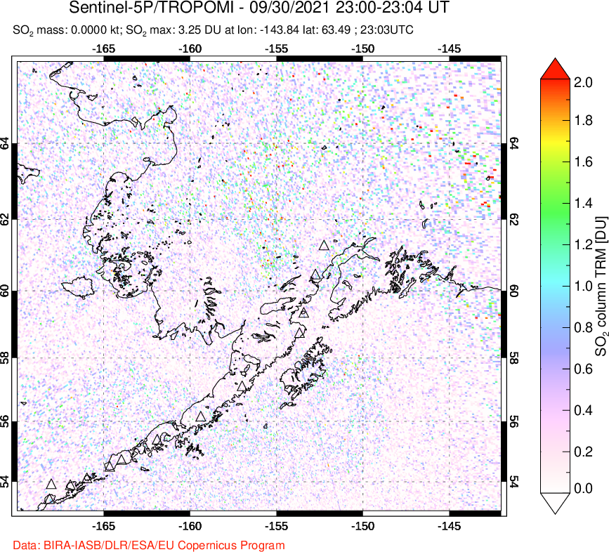 A sulfur dioxide image over Alaska, USA on Sep 30, 2021.