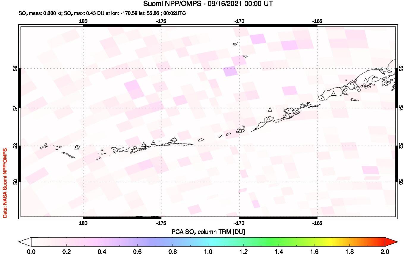 A sulfur dioxide image over Aleutian Islands, Alaska, USA on Sep 16, 2021.