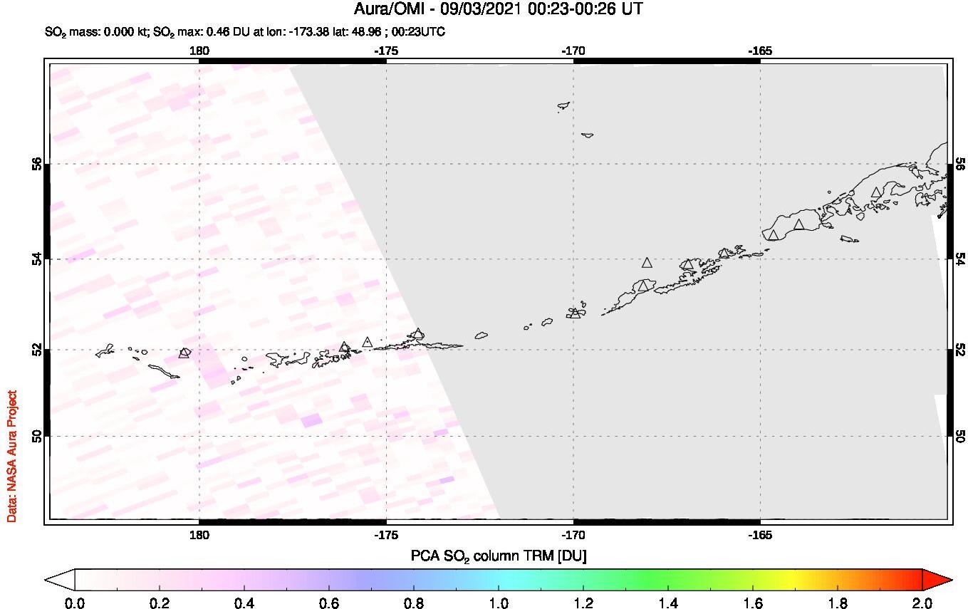 A sulfur dioxide image over Aleutian Islands, Alaska, USA on Sep 03, 2021.