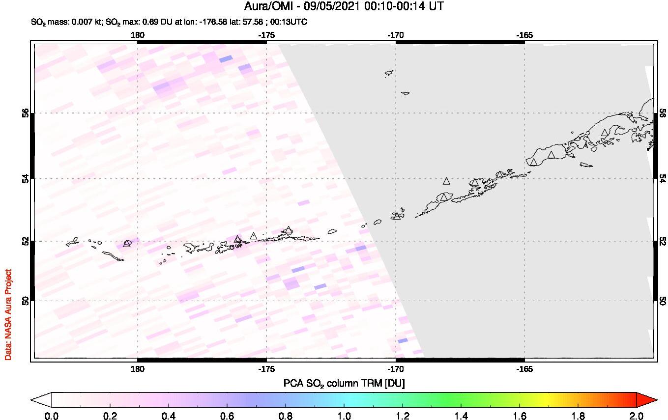 A sulfur dioxide image over Aleutian Islands, Alaska, USA on Sep 05, 2021.