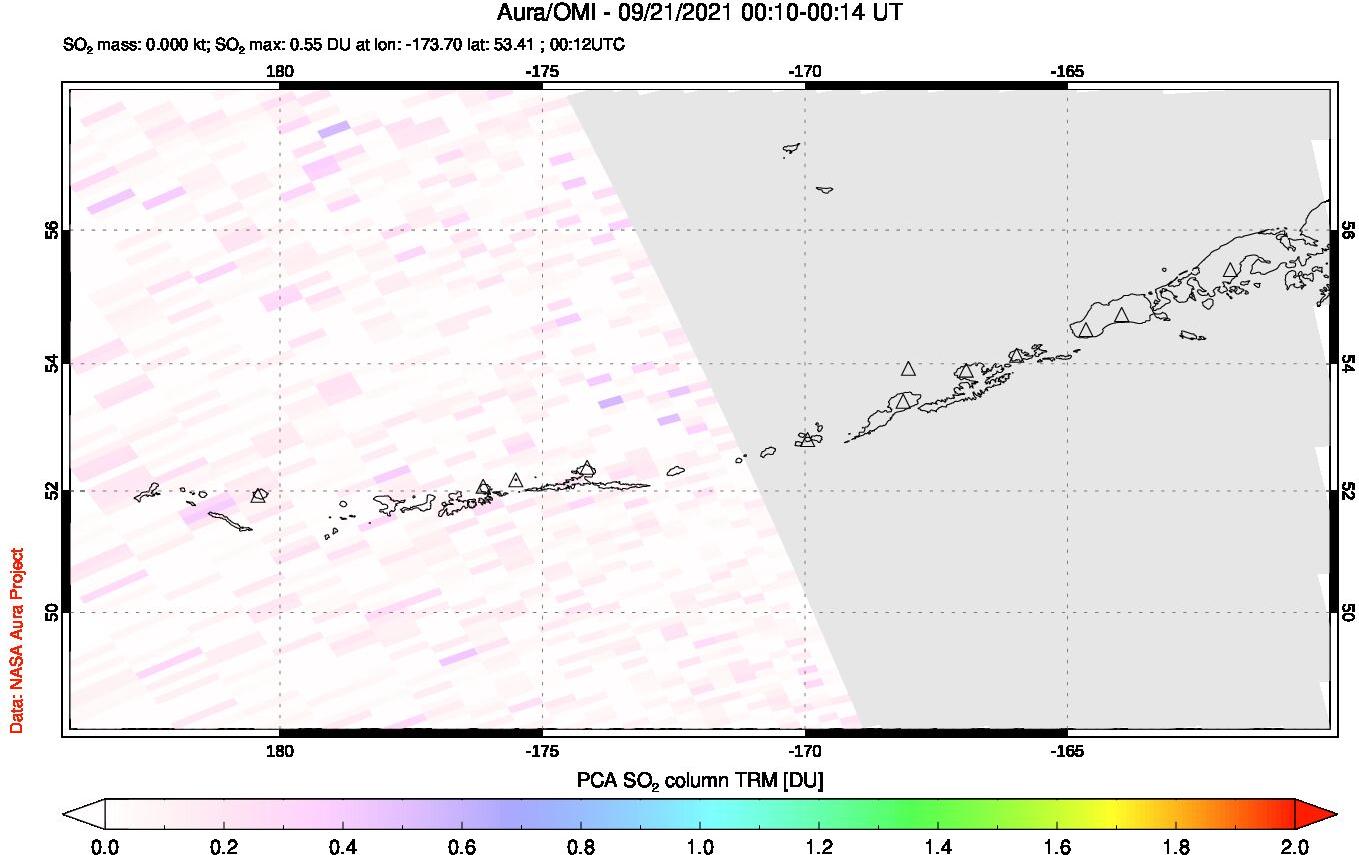 A sulfur dioxide image over Aleutian Islands, Alaska, USA on Sep 21, 2021.