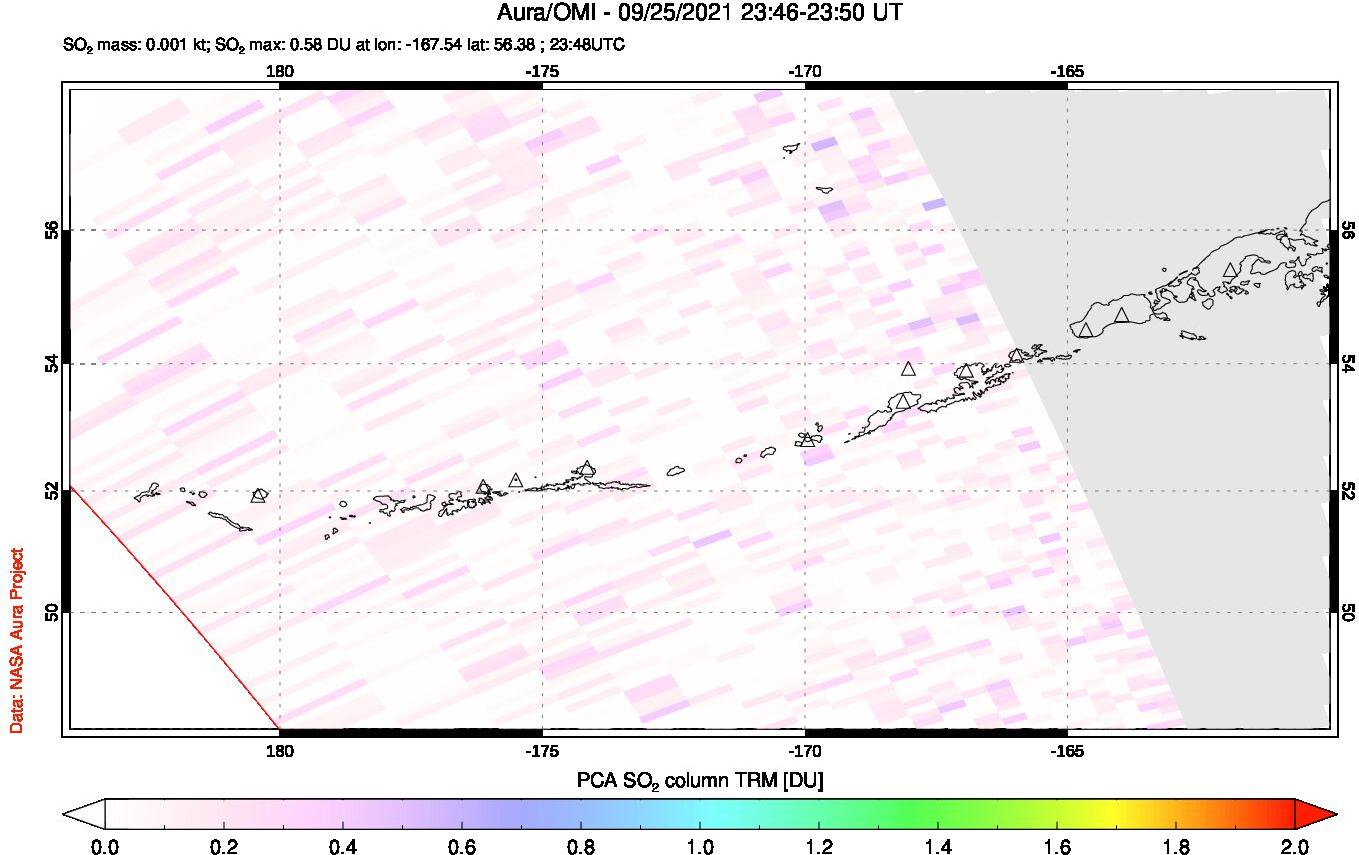 A sulfur dioxide image over Aleutian Islands, Alaska, USA on Sep 25, 2021.