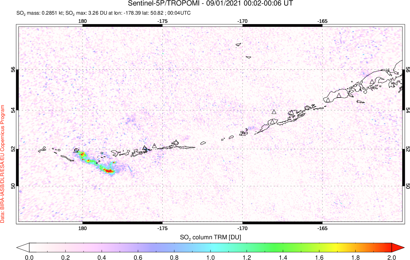 A sulfur dioxide image over Aleutian Islands, Alaska, USA on Sep 01, 2021.