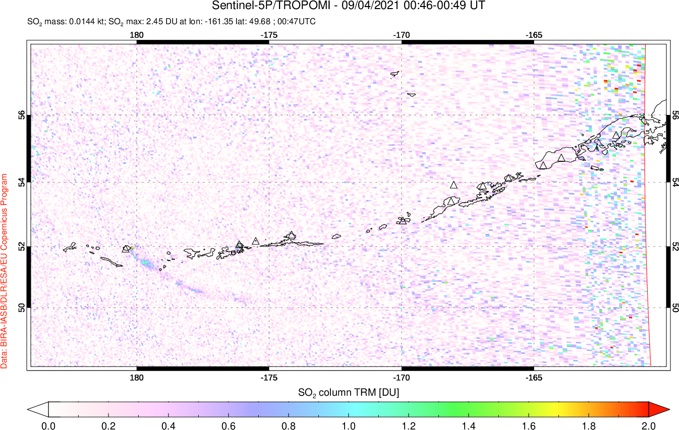 A sulfur dioxide image over Aleutian Islands, Alaska, USA on Sep 04, 2021.