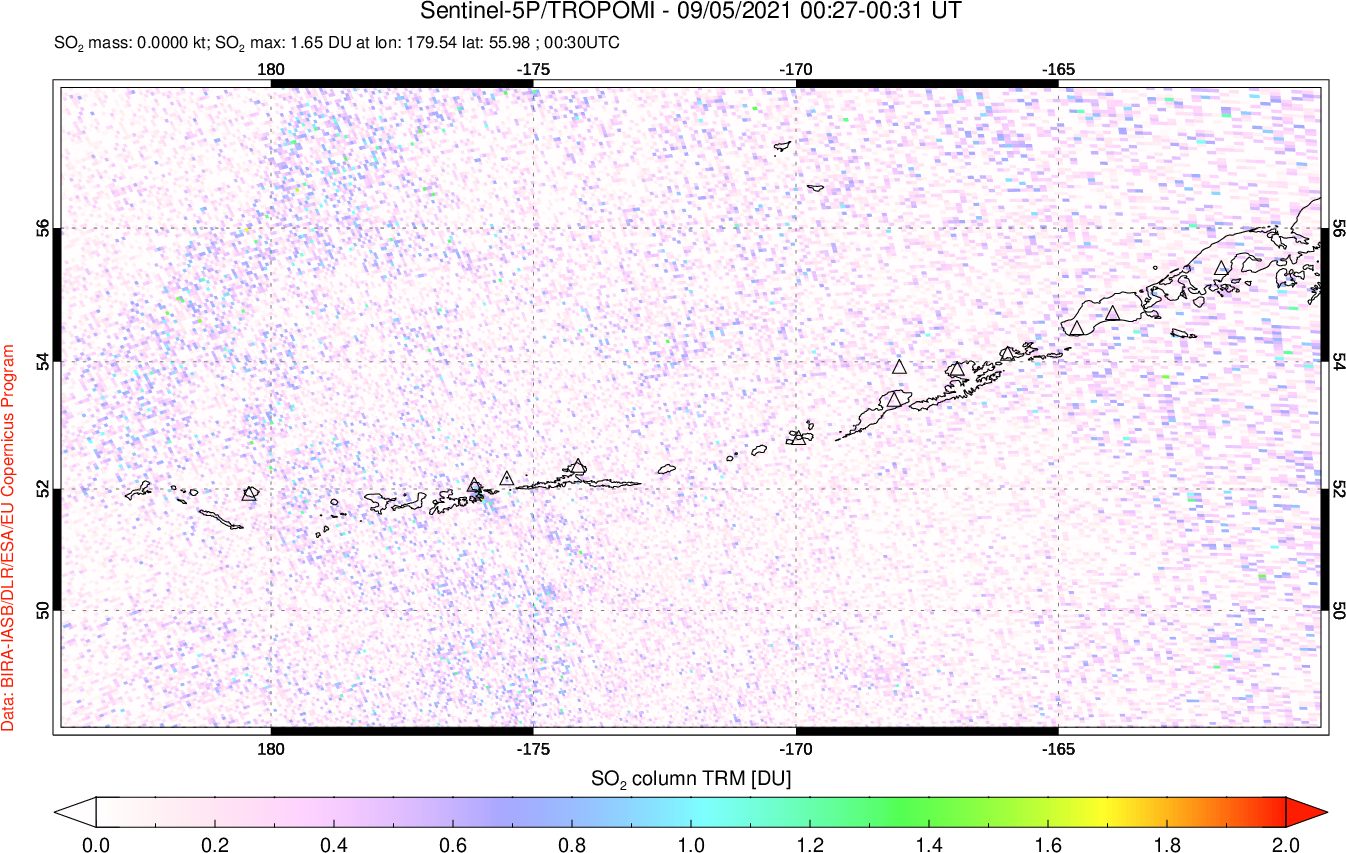 A sulfur dioxide image over Aleutian Islands, Alaska, USA on Sep 05, 2021.