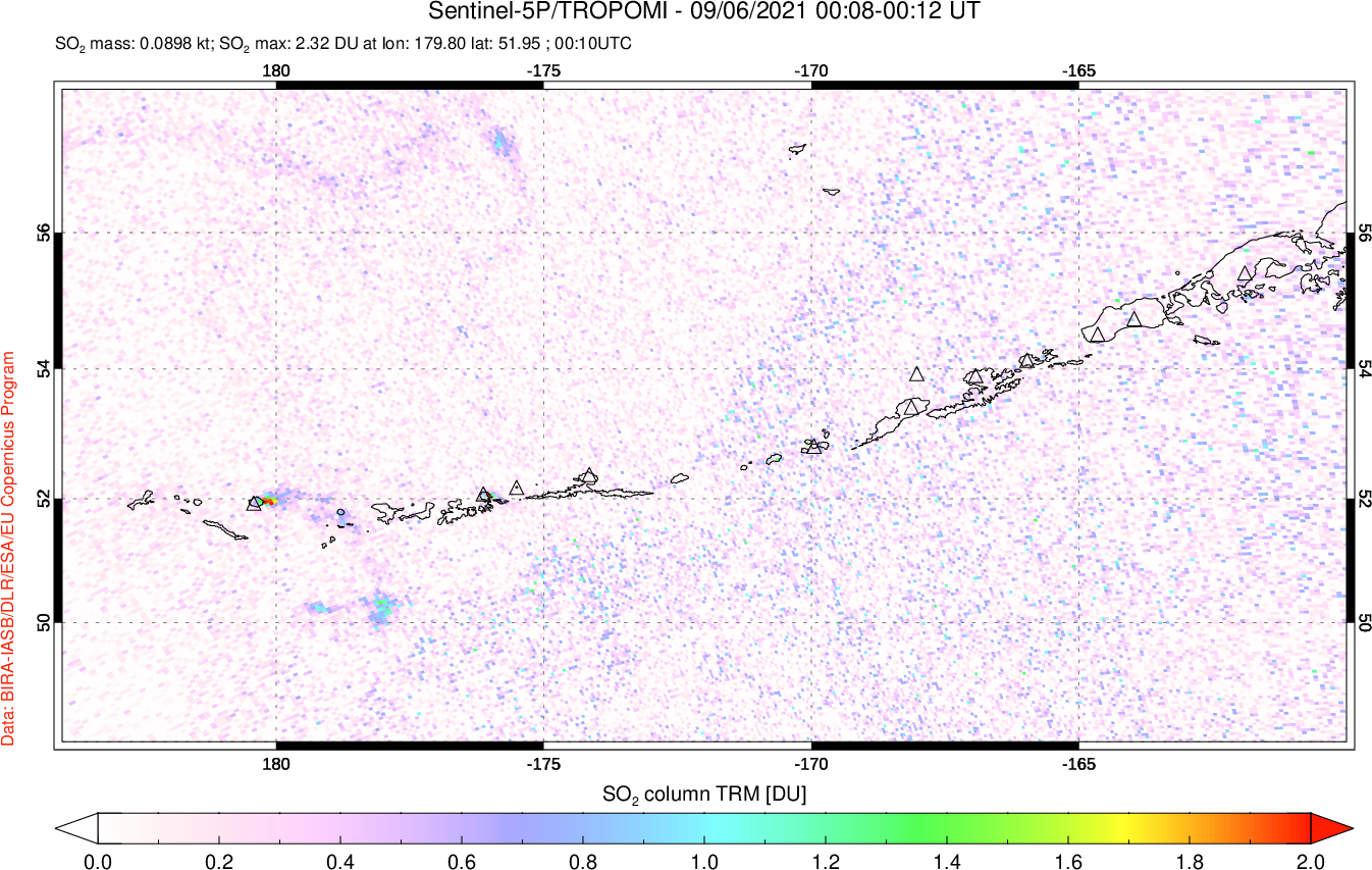 A sulfur dioxide image over Aleutian Islands, Alaska, USA on Sep 06, 2021.