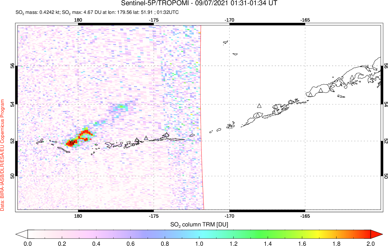 A sulfur dioxide image over Aleutian Islands, Alaska, USA on Sep 07, 2021.